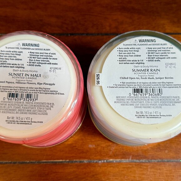 NEW 2-Pc SUNSET IN MAUI & SUMMER RAIN 3-Wick 14.5 oz Candles Bath & Body Works - Picture 3 of 3